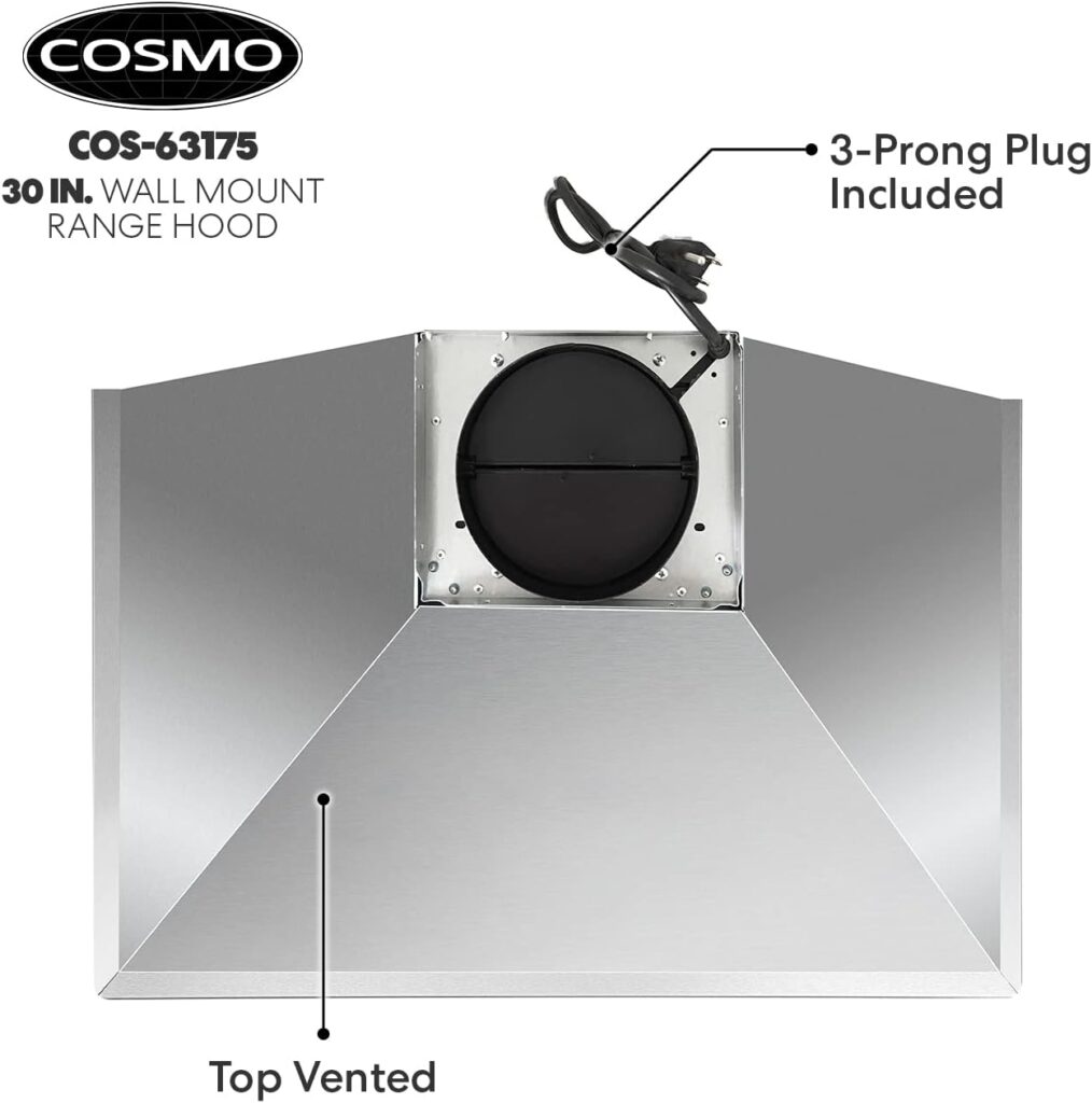 COSMO 63175 30 in. Wall Mount Range Hood with 380 CFM, Ducted, 3-Speed Fan, Permanent Filters, LED Lights, Chimney Style Over Stove Vent in Stainless Steel