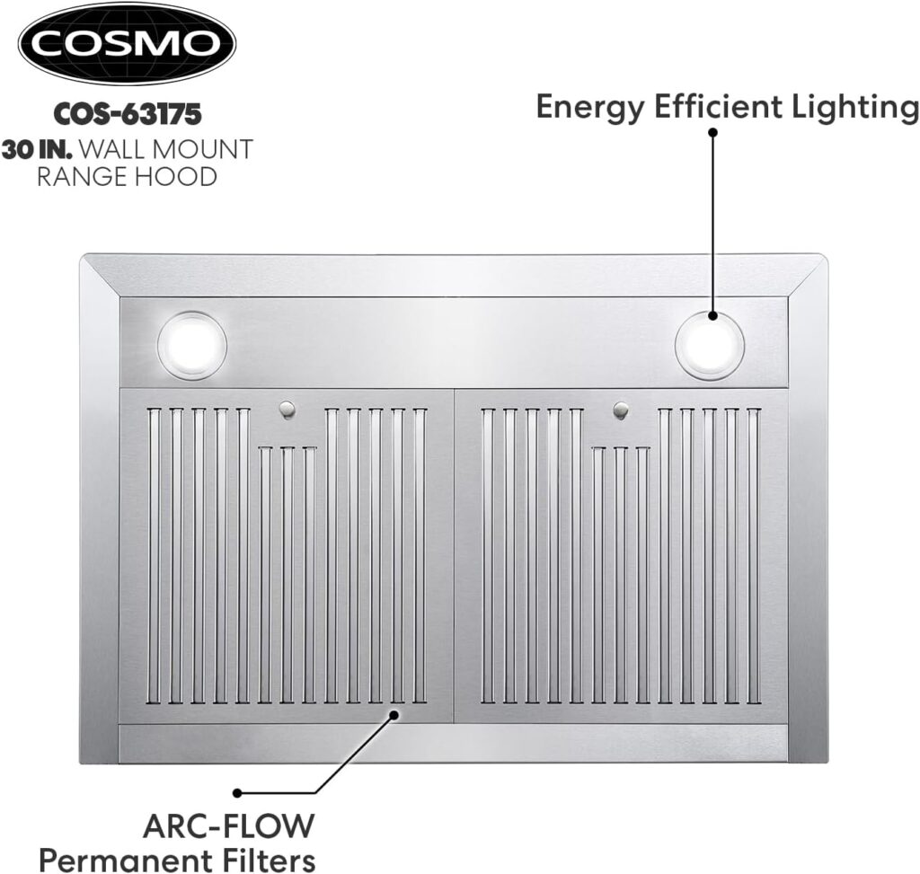 COSMO 63175 30 in. Wall Mount Range Hood with 380 CFM, Ducted, 3-Speed Fan, Permanent Filters, LED Lights, Chimney Style Over Stove Vent in Stainless Steel