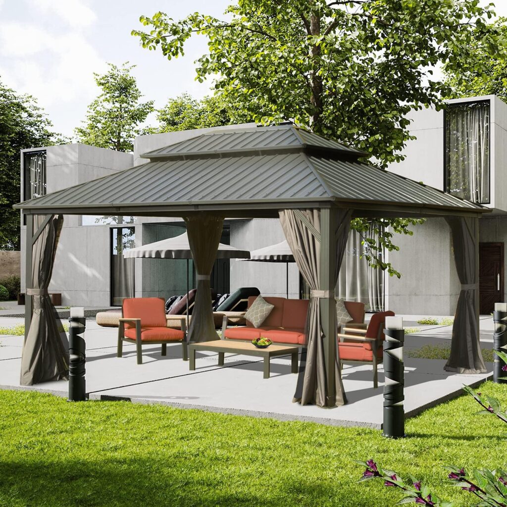 Domi 10 X 14 Hardtop Gazebo, Aluminum Metal Gazebo with Galvanized Steel Double Roof Canopy, Curtain and Netting, Permanent Gazebo Pavilion for Patio, Backyard, Deck, Lawn
