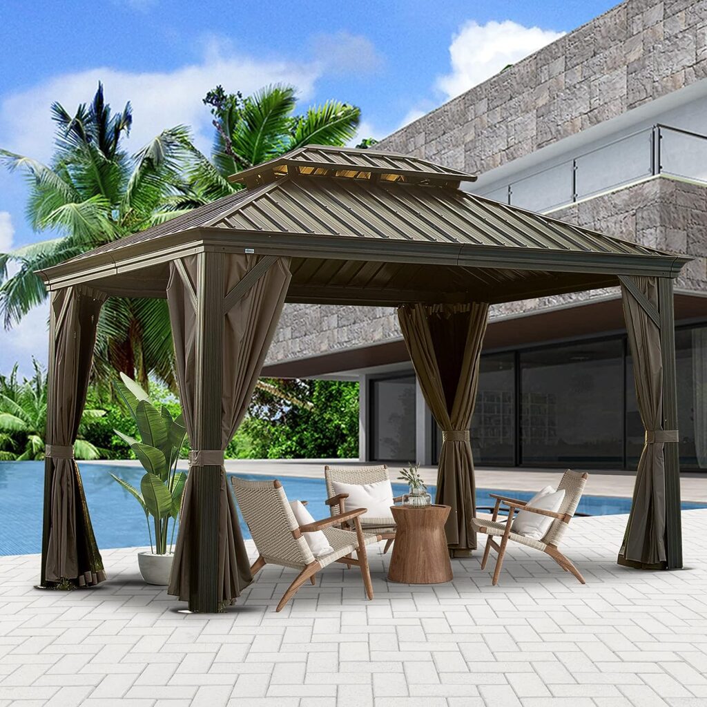 Domi Outdoor Living 10’ X 12’ Hardtop Gazebo, Outdoor Aluminum Frame Canopy with Galvanized Steel Double Roof, Outdoor Permanent Metal Pavilion with Curtains and Netting for Patio, Backyard and Lawn