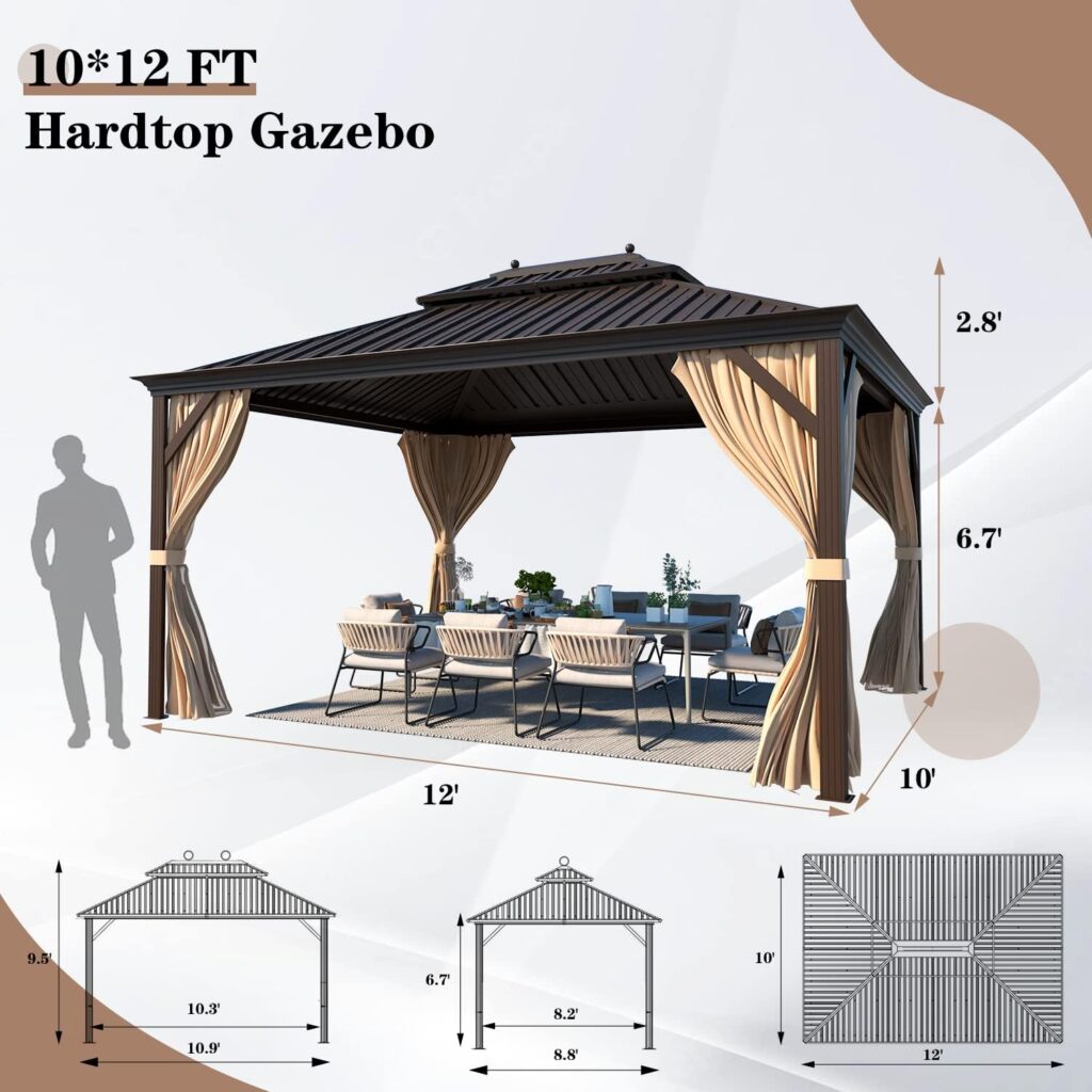 EROMMY 10x12 Hardtop Gazebo with Galvanized Steel Roof and Mosquito Net, Permanent Pavilion Gazebo with Aluminum Frame for Patios, Gardens, Lawnsfor Patio, Backyard, Deck and Lawns