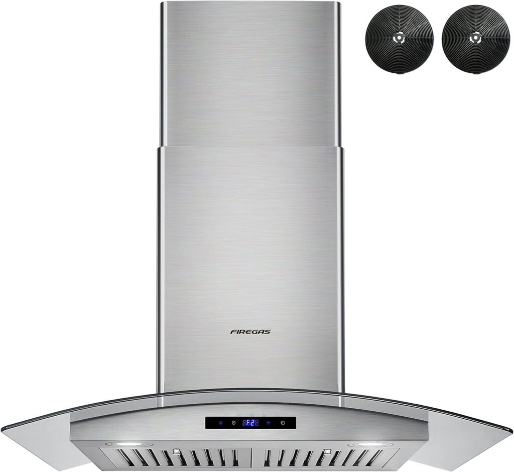 FIREGAS 30 inch Wall Mount Range Hood 400CFM with Ducted Exhaust Vent,3 Speed Fan,Soft Touch Controls,LED Lights,Permanent Filters in Stainless Steel,includes Charcoal Filter