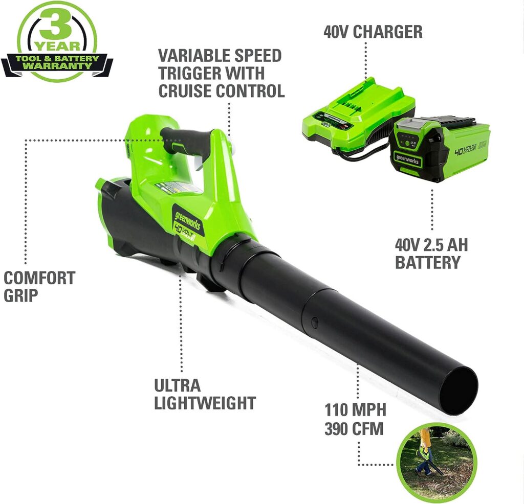 Greenworks 40V (110 MPH / 390 CFM) Cordless Axial Blower, 2.5Ah Battery and Charger Included