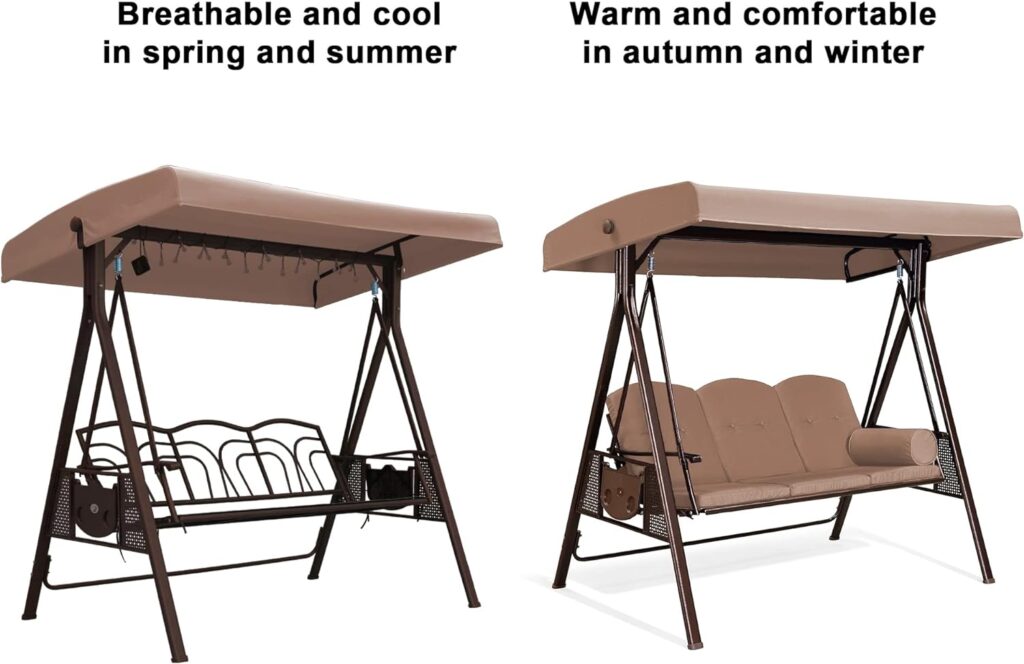 PURPLE LEAF 3-Seat Deluxe Outdoor Patio Porch Swing with Weather Resistant Steel Frame, Adjustable Tilt Canopy, Cushions and Pillow Included, Beige