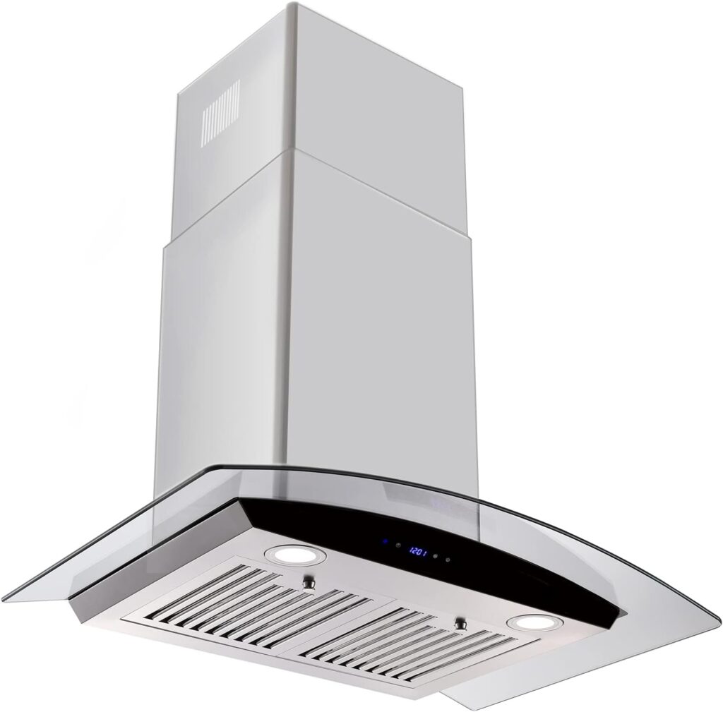 Range Hood 30 Inch, Tieasy Wall Mount Kitchen Hood with Ducted/Ductless Convertible Duct, Stainless Steel Chimney and Baffler Filters, Touch Control Fan Timer, LED Lights, 3 Speed Fan