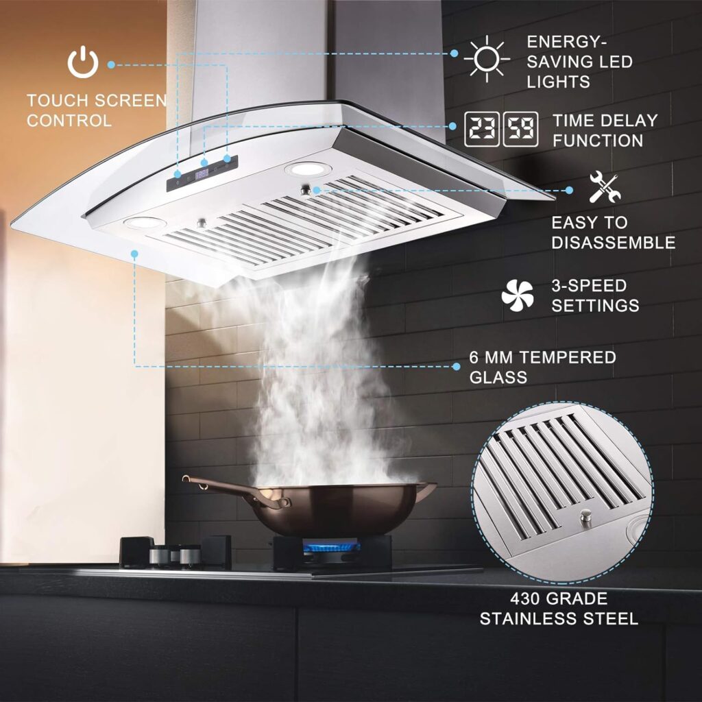 Range Hood 30 Inch, Tieasy Wall Mount Kitchen Hood with Ducted/Ductless Convertible Duct, Tempered Glass, Stainless Steel Chimney and Baffler Filters, Soft Touch Control, LED Lights, 3 Speed Fan