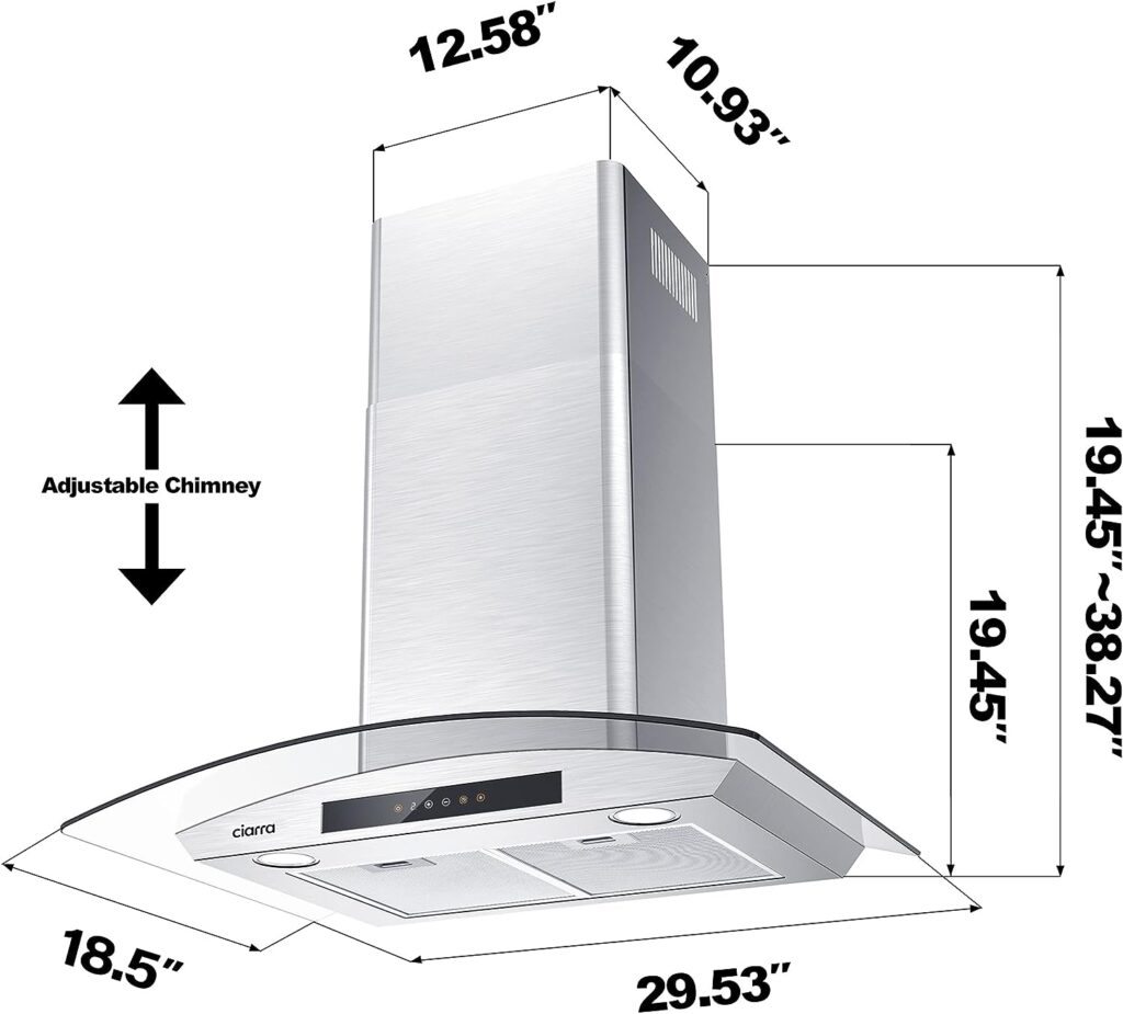 Wall Mount Range Hood 30 inch with Soft Touch Control in Stainless Steel  Tempered Glass, Stove Vent Hood for Kitchen with 3 Speed Fan, Permanent Filters, Ductless Convertible Duct, CIARRA CAS75502