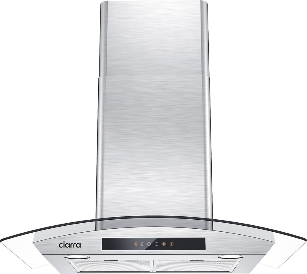 Wall Mount Range Hood 30 inch with Soft Touch Control in Stainless Steel  Tempered Glass, Stove Vent Hood for Kitchen with 3 Speed Fan, Permanent Filters, Ductless Convertible Duct, CIARRA CAS75502