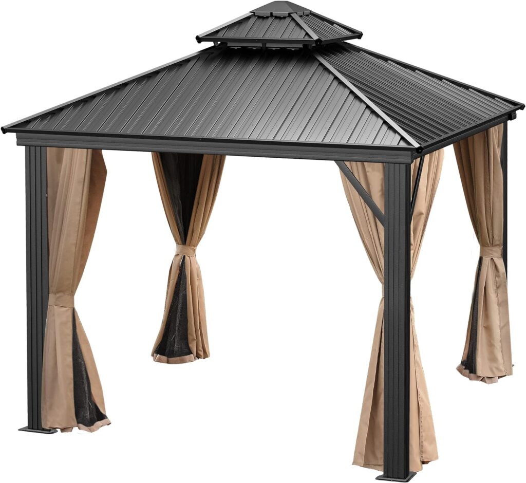 YITAHOME 10x10ft Gazebo Double Roof Canopy with Netting and Curtains, Outdoor Gazebo 2-Tier Hardtop Galvanized Iron Aluminum Frame Garden Tent for Patio, Backyard, Deck and Lawns